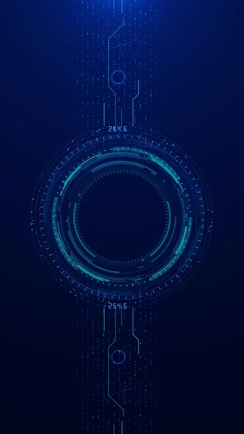 Blue circular HUD interface teal rings, dotted data rows, side panels, and futur Stock Footage 340564603