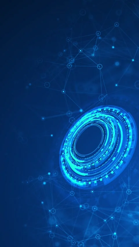 Blue circular HUD network background bright cyan rings, connected nodes, Stock Footage 340526756