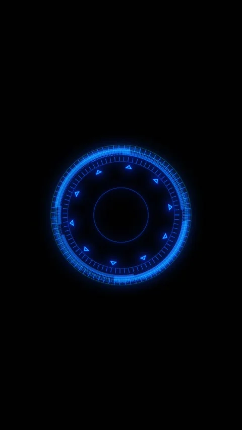 Blue circular HUD ring glowing radial marks, triangle indicators, dark empty spa Stock Footage 340479583