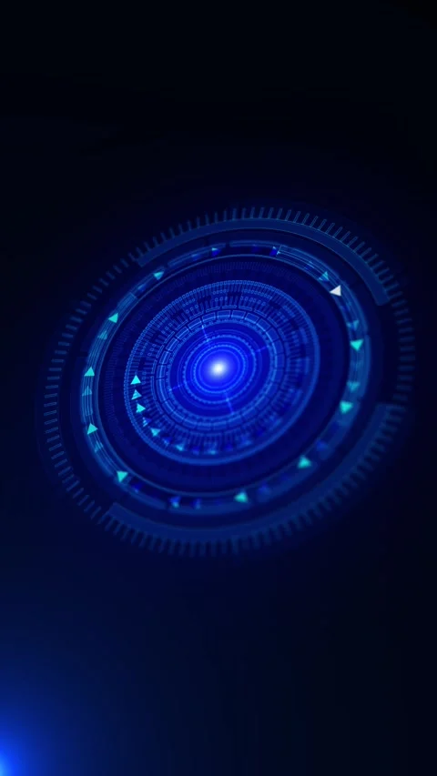 Blue circular HUD scanner glowing lens target, rotating arrow markers, and dark Stock Footage 340556027