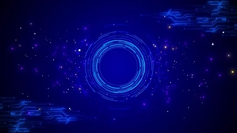 Blue circular HUD tech background glowing rings, circuit corners, floating parti Stock Footage 340400294