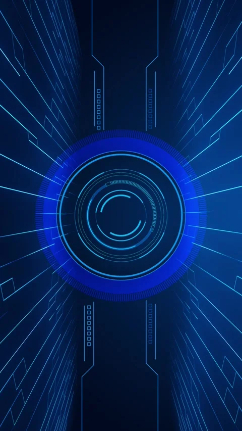 Blue circular HUD tunnel interface with glowing rings, perspective circuit lines Stock Footage 340549091