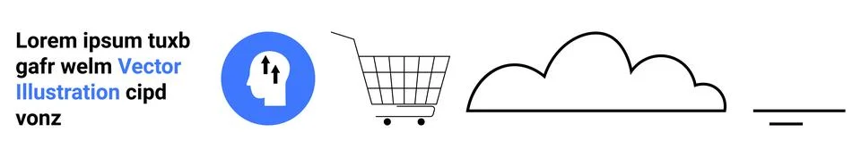 Blue circular icon with a human head and arrows, a shopping cart, a cloud, an Stock Illustration