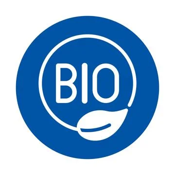 Blue Circular Icon Representing Organic Food with Leaf and BIO Text Ilustración de archivo