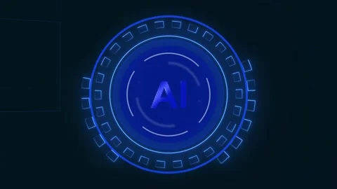 Blue circular interface with AI logo on grid background. Advanced blue circ.. Stock Footage 338348338