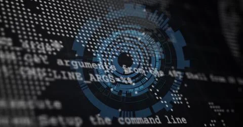 Blue circular interface overlay hovering in digital interface, with white code Stock Photos