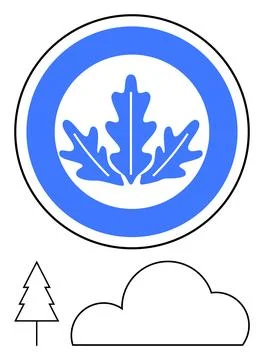 Blue Circular Logo with Leaf, Tree, and Cloud Elements in Simple Design Illustrazione stock