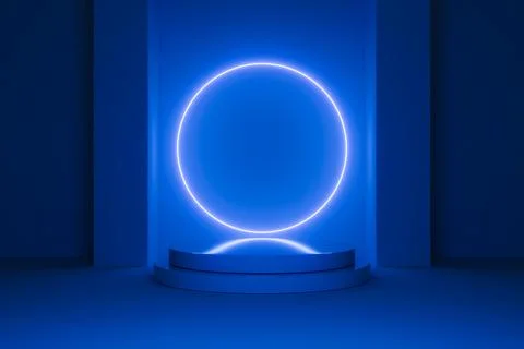 Blue circular neon ring on dark 3D product scene. Stock Illustration