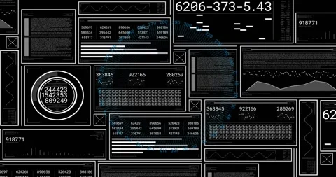 Blue circular scanner sweeping clockwise, causing tiled panels to update data Stock Footage 322706301