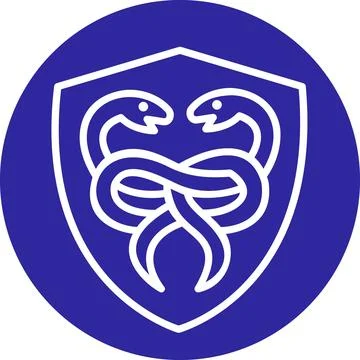Blue circular shield intertwined snakes icon Stock Illustration