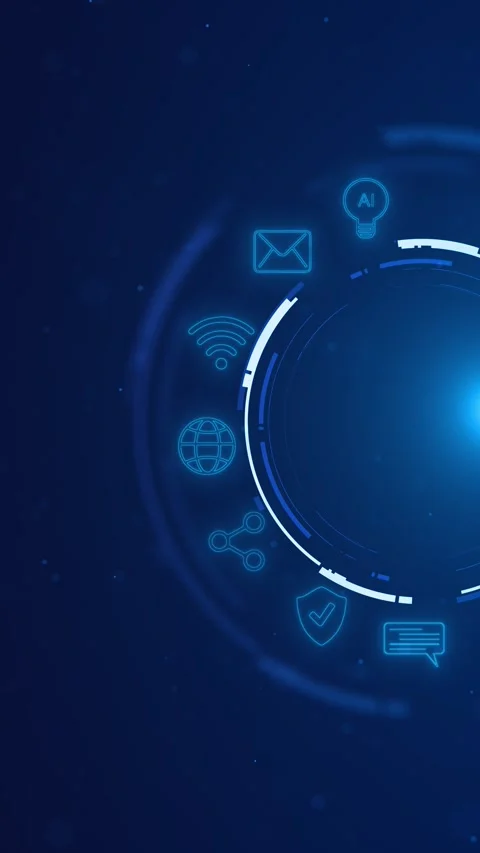 Blue circular tech icons interface HUD ring, mail, wifi, globe, share, shield, c Stock Footage 340572391