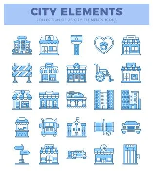 Blue city element icons on white background. Stock Illustration