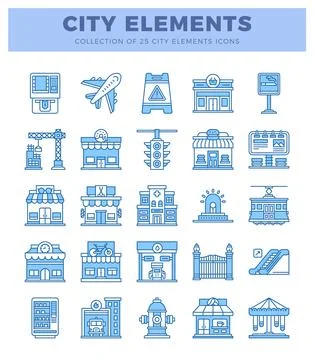 Blue city elements icons on a white background. Illustrazione stock