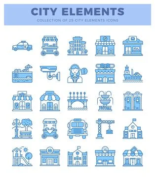 Blue city elements icons on a white background. Stock Illustration