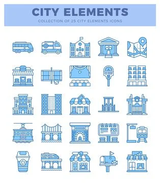 Blue city elements icons on white background Illustrazione stock