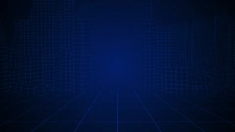 Blue city grid background dark futuristic skyline, glowing floor perspective, em Stock Footage 340468040