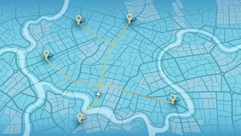 Blue city map navigation showing multiple routes and location pins across river Stock Illustration