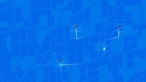Blue City Map with Vehicle Tracking Icons and Target Location Marker. Vector Stock Illustration
