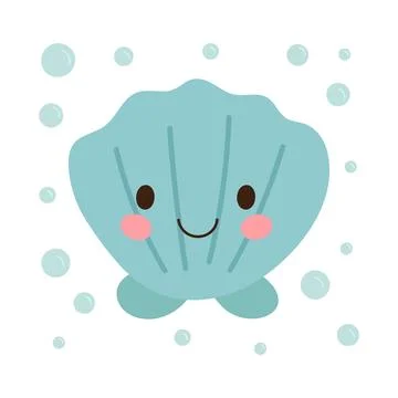 Blue clam shell character with a sweet expression and bubbly background, ideal Stock Illustration
