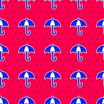 Blue Classic elegant opened umbrella icon isolated seamless pattern on red Stock Illustration