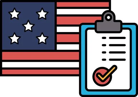 A blue clip board with a red check mark on it sits next to a red, white Stock Illustration