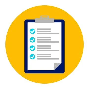 Blue clipboard checklist vector icon inside yellow circle button isolated Stockillustratie
