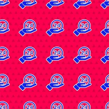 Blue Clock 24 hours icon isolated seamless pattern on red background. All day Stock Illustration