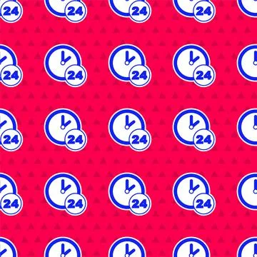 Blue Clock 24 hours icon isolated seamless pattern on red background. All day 스톡 일러스트