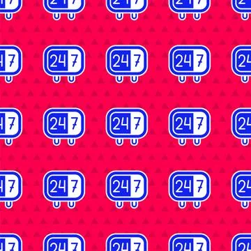 Blue Clock 24 hours icon isolated seamless pattern on red background. All day Stock Illustration