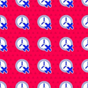 Blue Clock with airplane icon isolated seamless pattern on red background 스톡 일러스트