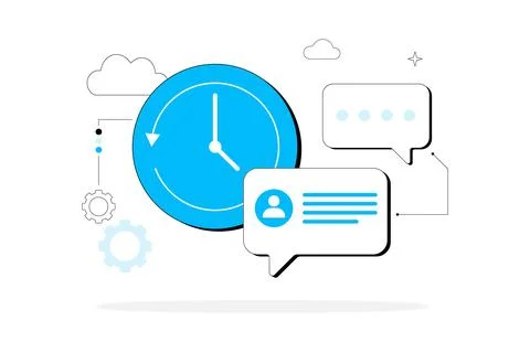 Blue clock beside speech bubbles and cloud icons. イラスト素材