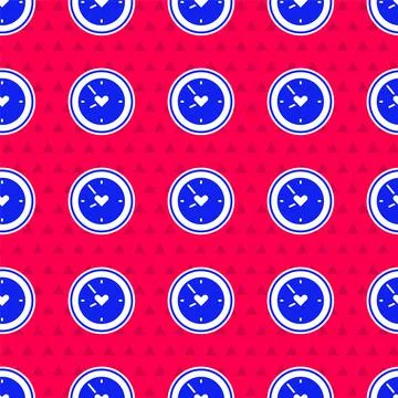 Blue Clock with heart icon isolated seamless pattern on red background Stock Illustration