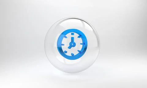 Blue Clock icon isolated on grey background. Time symbol. Glass circle button Illustrazione stock