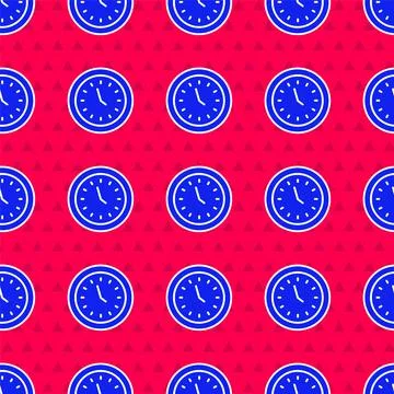 Blue Clock icon isolated seamless pattern on red background. Time symbol. Vector 스톡 일러스트