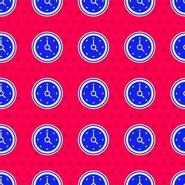 Blue Clock icon isolated seamless pattern on red background. Time symbol. Vector Stock Illustration