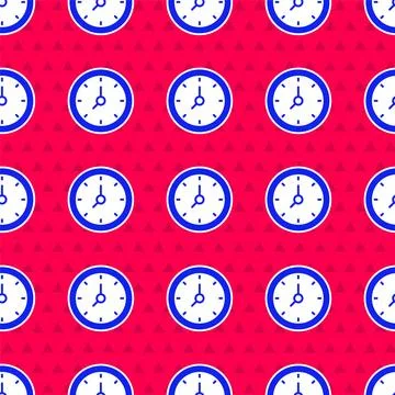 Blue Clock icon isolated seamless pattern on red background. Time symbol. Vector Stock Illustration
