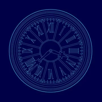Blue clock with roman numerals on it. The clock is showing the time Stock Illustration