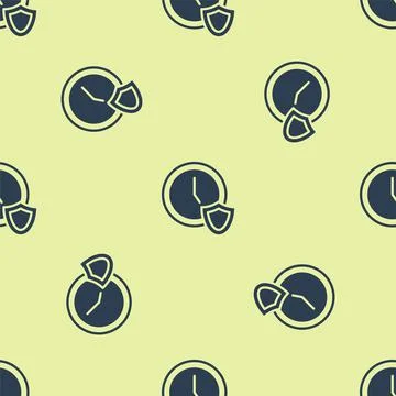 Blue Clock with shield icon isolated seamless pattern on yellow background Stock Illustration