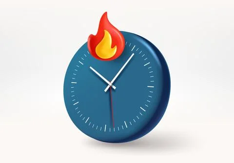 Blue clock with white arrows and fire sign. Hot data concept. 3d vector ill.. 스톡 일러스트