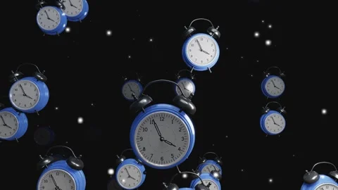 Blue clocks coming out of the dark flying in space Stock Footage 246782859