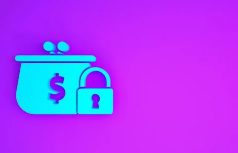 Blue Closed wallet with lock icon isolated on purple background. Locked walle Illustrazione stock