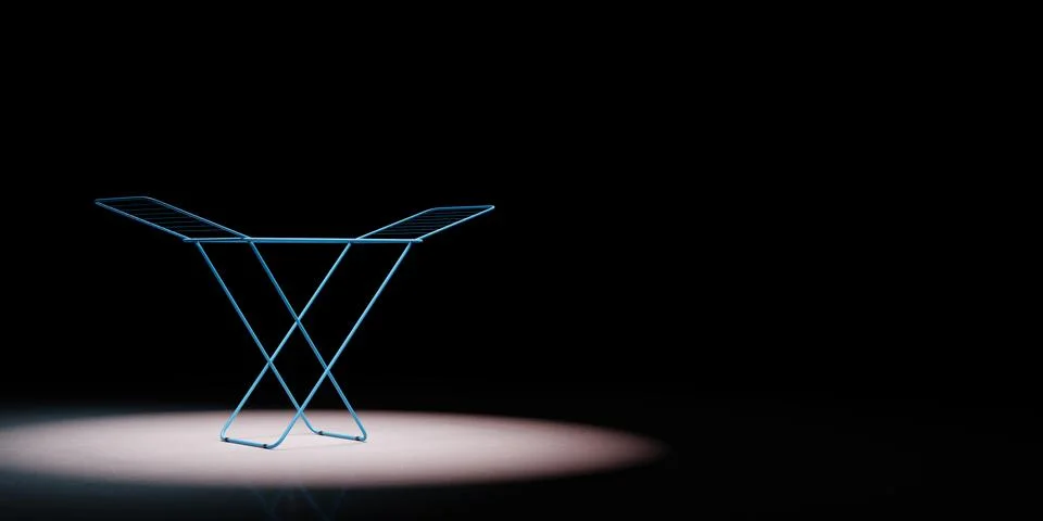 Blue Clothes Drying Rack Spotlighted on Black Background with Copy Space 3D I Stock Illustration
