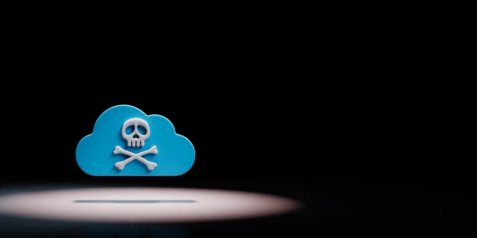 Blue Cloud 3D Shape with Pirate Skull Symbol Spotlighted on Black Background  Stockillustratie