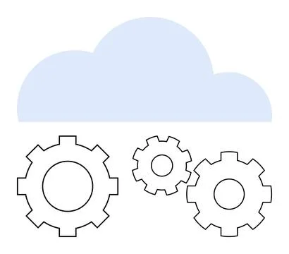 Blue cloud above three interlocking, black-outlined gears signifies technolog Illustrazione stock