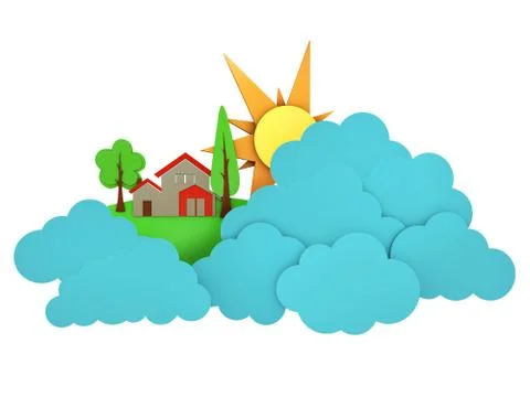 Blue cloud and landscape shapes on white background. 3d illustration Stock Illustration