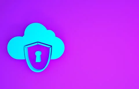 Blue Cloud and shield icon isolated on purple background. Cloud storage data  Illustrazione stock