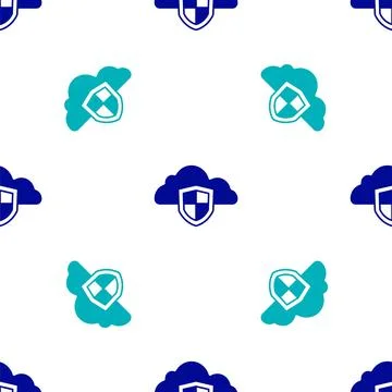 Blue Cloud and shield icon isolated seamless pattern on white background. C.. Stock Illustration