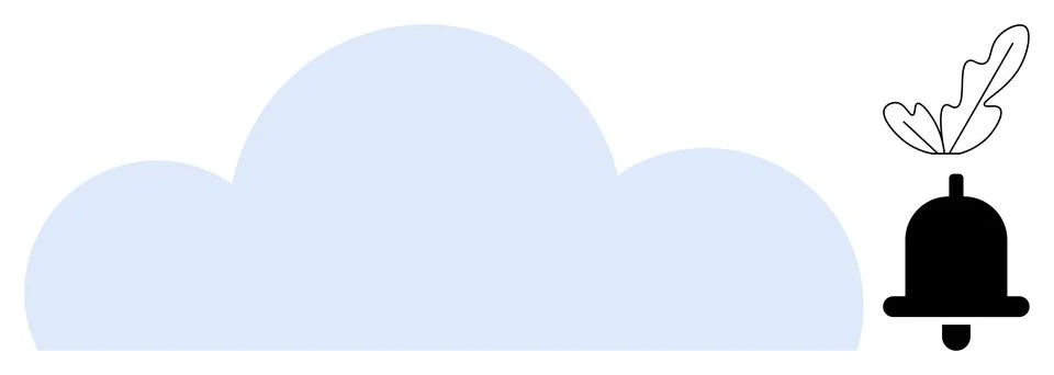Blue cloud with black alarm notification bell adorned with a leaf, symboliz.. Illustrazione stock