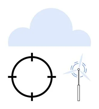 Blue cloud, black target circle, and wind turbine icon with rotating blades.  库存插图
