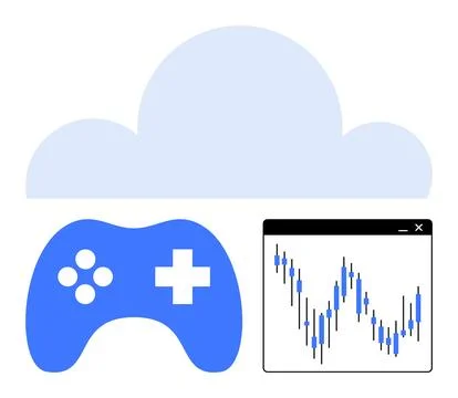 Blue cloud, blue game controller with buttons and cross, stock market graph i Stock Illustration